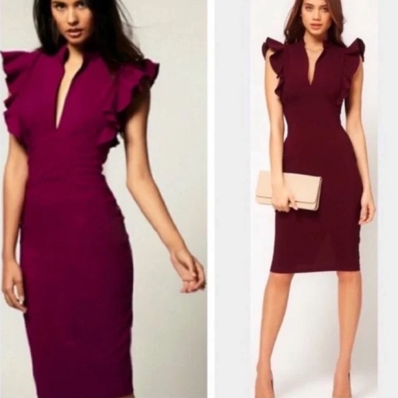 🎉HOST PICK✨Black Halo Wine Keyhole Slit Ruffle Sleeve Eva dress cocktail midi - Picture 1 of 11